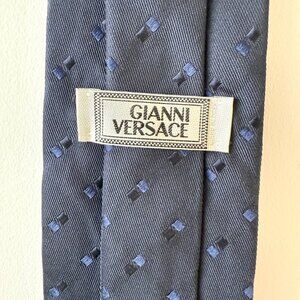 Gianni Versace Navy Blue Tie Squares Embroidered Motif 100% Silk (3.5" Width)